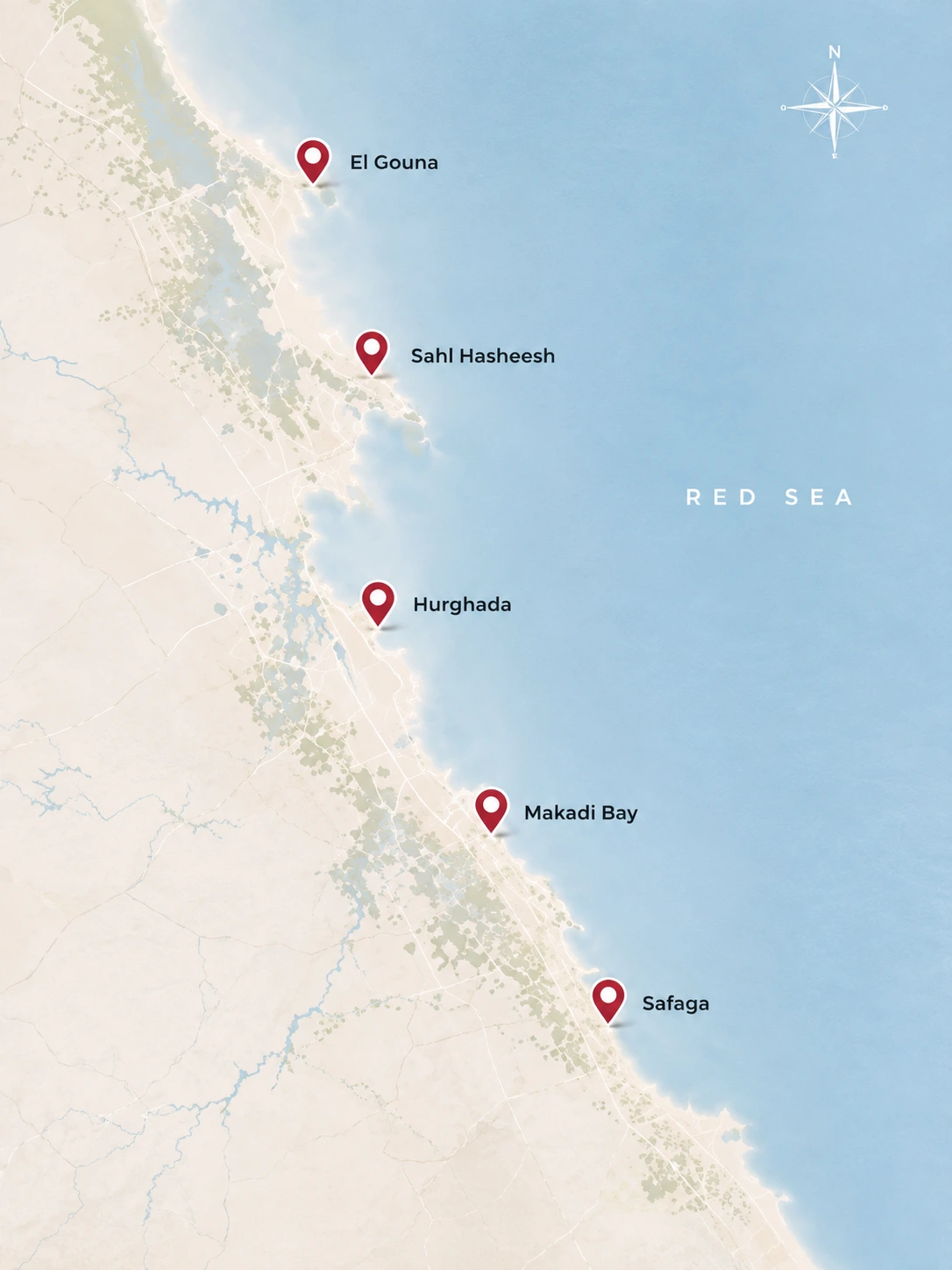 Map showing Egypt Shutter service locations along the Red Sea coast including El Gouna, Sahl Hasheesh, Hurghada, Makadi Bay and Safaga