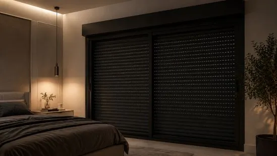 Closed roller shutters providing privacy and blackout protection for home windows