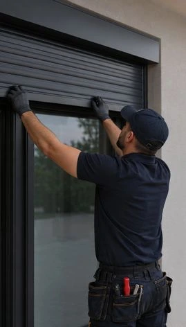 Certified technician installing a Pyramids brand roller shutter on a glass facade in Egypt