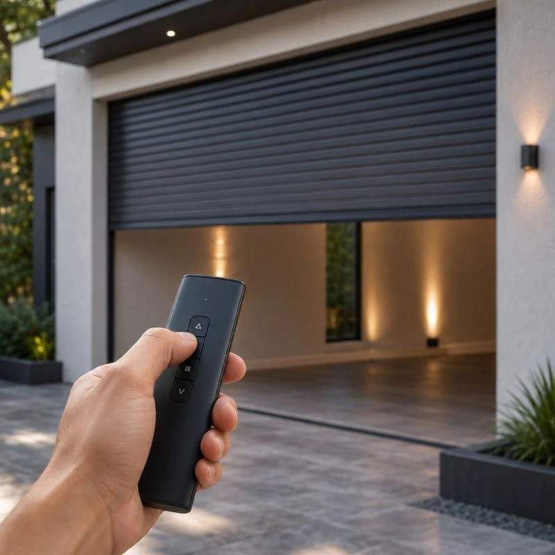 Smartphone controlling automated roller shutter via smart home app for security and convenience