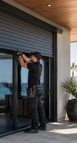 Modern villa exterior with integrated smart roller shutters for thermal and security control