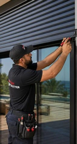Certified Egypt Shutter technician installing automated roller shutter on a luxury coastal villa