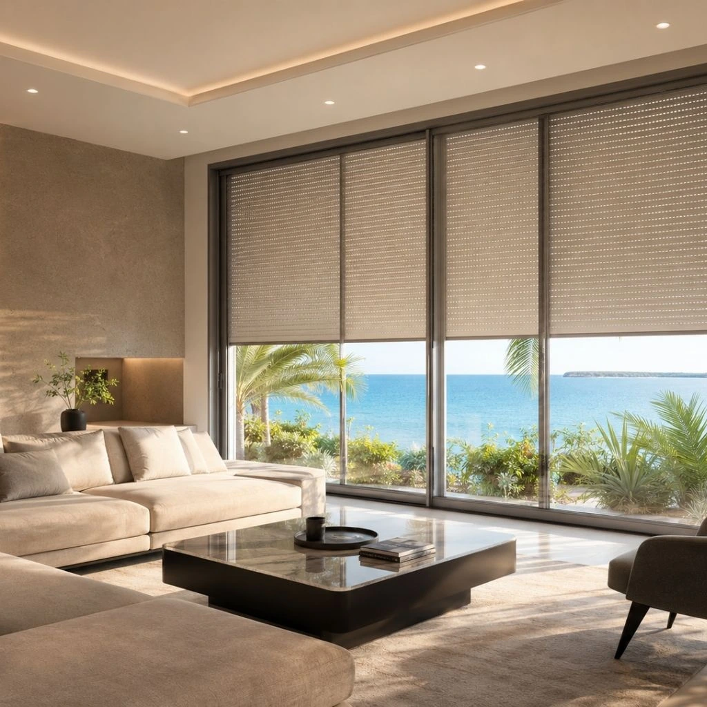 Luxury Red Sea living room interior with roller shutters overlooking palm trees and coastal view in Hurghada or El Gouna