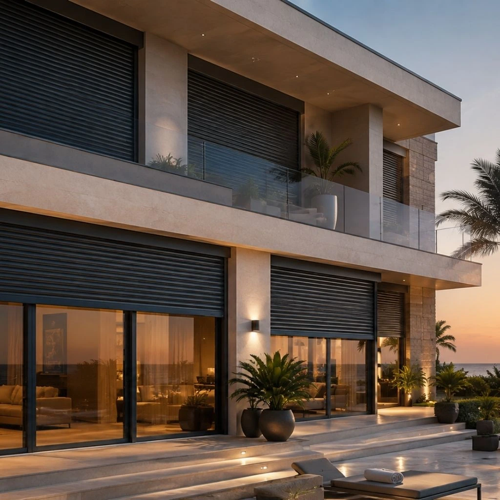Modern Red Sea villa exterior with clean architectural roller shutters demonstrating marine-grade cleaning and maintenance results