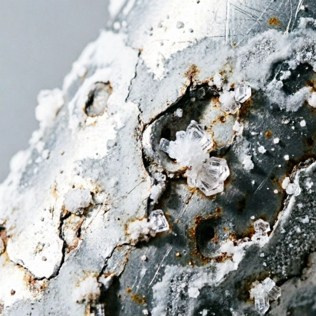 Close-up of saline salt accumulation and corrosion on aluminum roller shutter surface caused by Red Sea marine environment