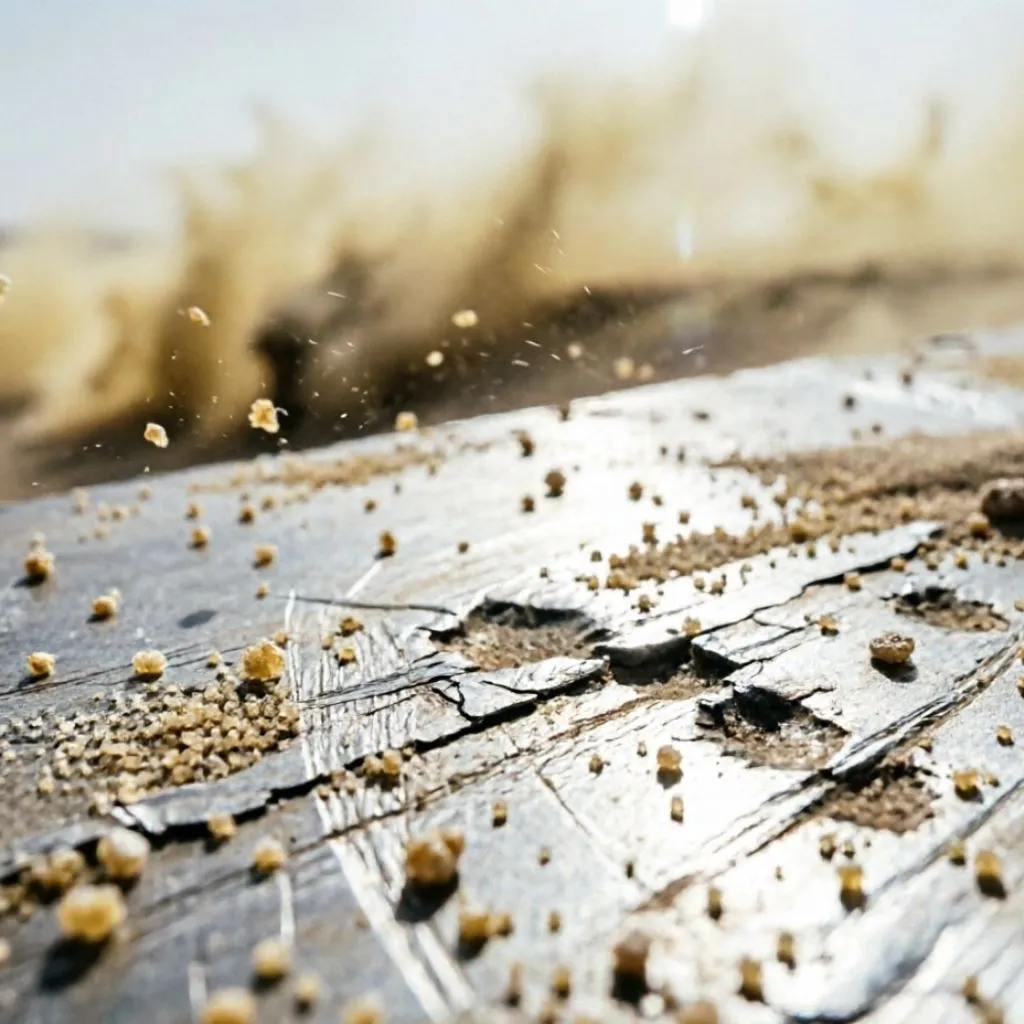 Abrasive sand and dust particles settled on roller shutter slats causing friction and surface wear in desert coastal climate