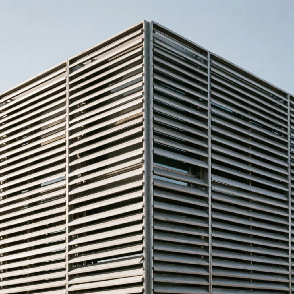 High-rise building facade with Pyramids 5.5cm architectural roller shutter slats demonstrating dimensional stability and wind resistance