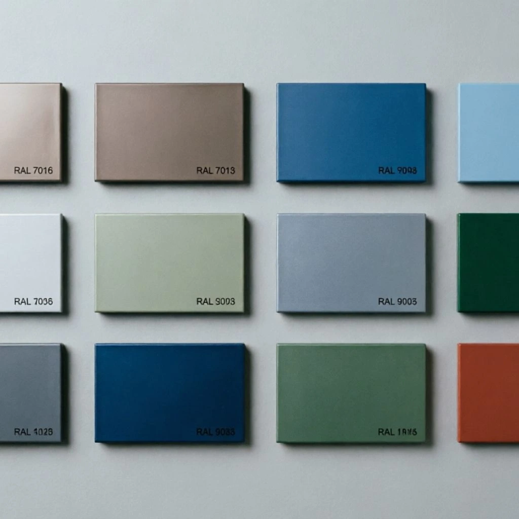 Pyramids roller shutter custom color palette samples including RAL codes and natural stone finish options for architects