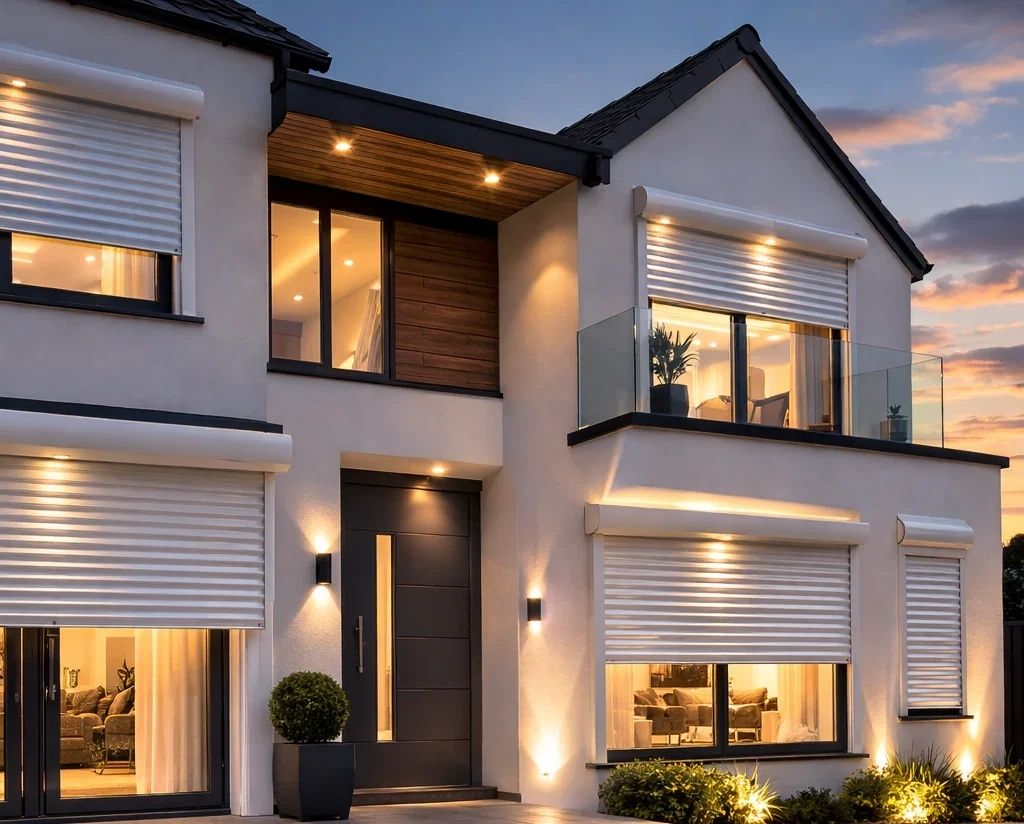 Luxury multi-unit coastal development at twilight with automated roller shutters and illuminated pool for large-scale B2B projects